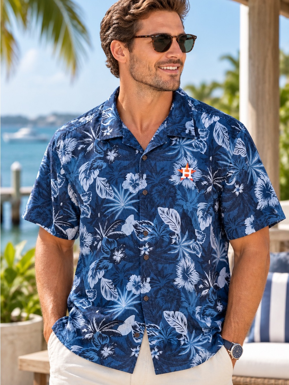 Tommy Bahama Navy and Light Blue Hawaiian Floral Silk Astros Camp Shirt size XXL